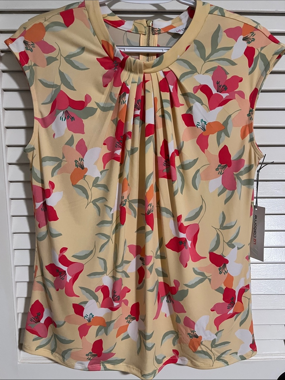 Liz Claiborne Yellow Floral Pleated Front Sleeveless Top
